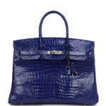 Pre-owned Hermès Birkin 35 Bleu Electric Shiny Porosus Crocodile Palladium Hardware