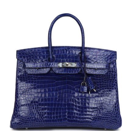 Pre-owned Hermès Birkin 35 Bleu Electric Shiny Porosus Crocodile Palladium Hardware