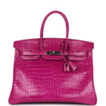 Pre-owned Hermès Birkin 35 Rose Scheherazade Shiny Porosus Crocodile Palladium Hardware