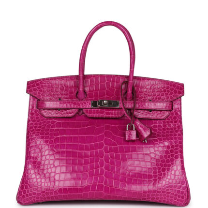 Pre-owned Hermès Birkin 35 Rose Scheherazade Shiny Porosus Crocodile Palladium Hardware