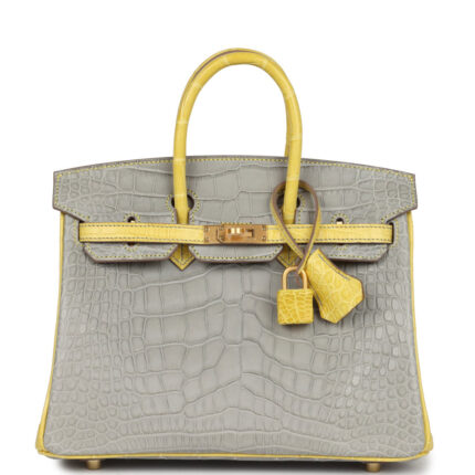 Hermès Special Order (HSS) Birkin 25 Gris Perle and Mimosa Matte Alligator Brushed Gold Hardware