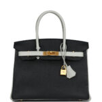 Pre-owned Hermès Special Order (HSS) Birkin 30 Black and Gris Perle Chevre Mysore Brushed Gold Hardware