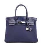 Pre-owned Hermès Birkin 30 Bleu Encre Togo and Shiny Niloticus Crocodile Touch Palladium Hardware