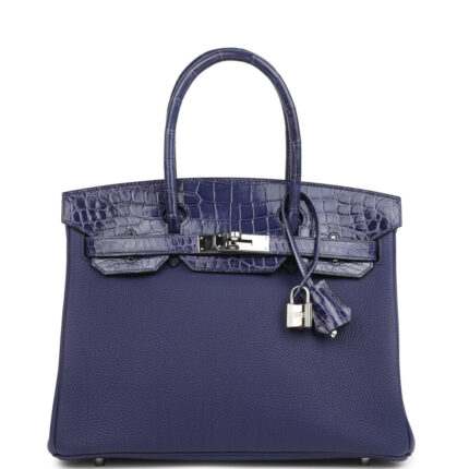 Pre-owned Hermès Birkin 30 Bleu Encre Togo and Shiny Niloticus Crocodile Touch Palladium Hardware