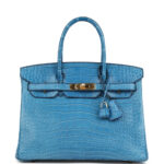 Pre-owned Hermès Birkin 30 Bleu Mykonos Matte Alligator Gold Hardware