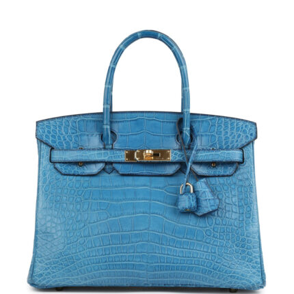Pre-owned Hermès Birkin 30 Bleu Mykonos Matte Alligator Gold Hardware