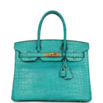 Pre-owned Hermès Birkin 30 Bleu Paon Matte Alligator Gold Hardware