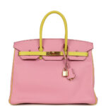 Pre-owned Hermès Special Order (HSS) Birkin 35 5P Bubblegum and Lime Swift Gold Hardware