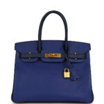 Pre-owned Hermès Special Order (HSS) Birkin 30 Bleu Electric and Bleu Saphir Epsom Brushed Gold Hardware