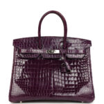 Pre-owned Hermès Birkin 35 Amethyst Shiny Porosus Crocodile Palladium Hardware