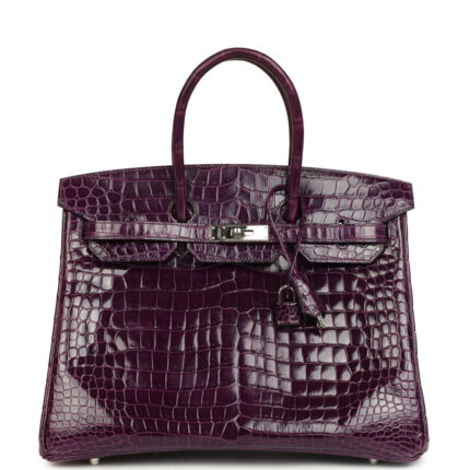 Pre-owned Hermès Birkin 35 Amethyst Shiny Porosus Crocodile Palladium Hardware