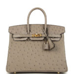 Pre-owned Hermès Birkin 25 Gris Tourterelle Ostrich Gold Hardware