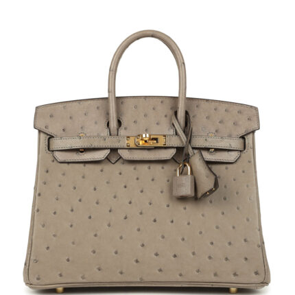 Pre-owned Hermès Birkin 25 Gris Tourterelle Ostrich Gold Hardware