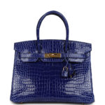 Pre-owned Hermès Birkin 30 Bleu Electric Shiny Porosus Crocodile Gold Hardware