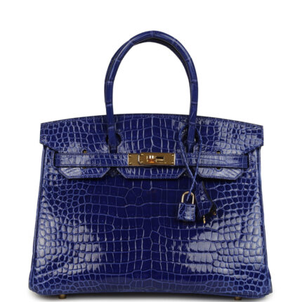 Pre-owned Hermès Birkin 30 Bleu Electric Shiny Porosus Crocodile Gold Hardware