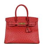 Pre-owned Hermès Birkin 30 Rouge Vif Ostrich Gold Hardware