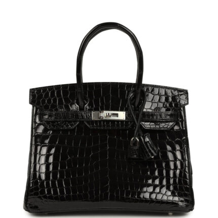 Pre-owned Hermès Birkin 30 Black Shiny Crocodile Niloticus Palladium Hardware