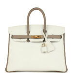 Hermès Special Order (HSS) Birkin 25 White and Etoupe Clemence Brushed Gold Hardware