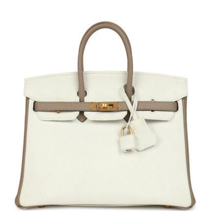 Hermès Special Order (HSS) Birkin 25 White and Etoupe Clemence Brushed Gold Hardware