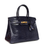 Pre-owned Hermès Birkin 30 Bleu Encre Shiny Porosus Crocodile Gold Hardware