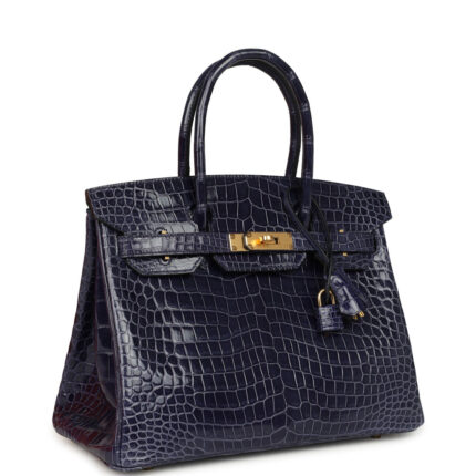 Pre-owned Hermès Birkin 30 Bleu Encre Shiny Porosus Crocodile Gold Hardware