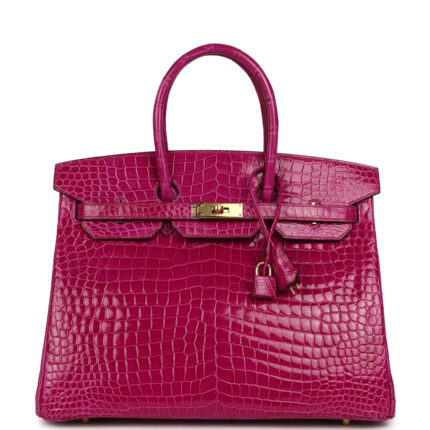 Pre-owned Hermès Birkin 35 Rose Scheherazade Shiny Porosus Crocodile Gold Hardware