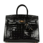 Pre-owned Hermès Birkin Sellier 25 Black Shiny Alligator Gold Hardware