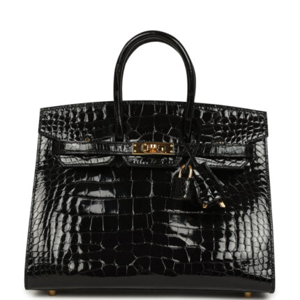 Pre-owned Hermès Birkin Sellier 25 Black Shiny Alligator Gold Hardware