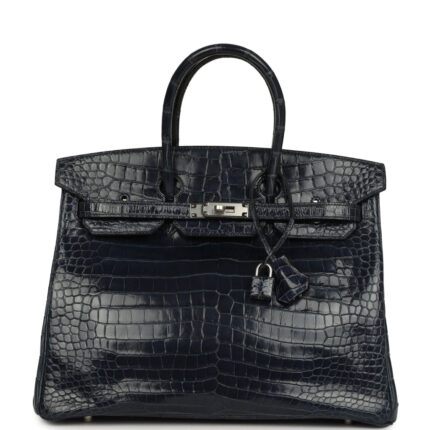 Pre-owned Hermès Birkin 35 Bleu Abysse Shiny Porosus Crocodile Palladium Hardware