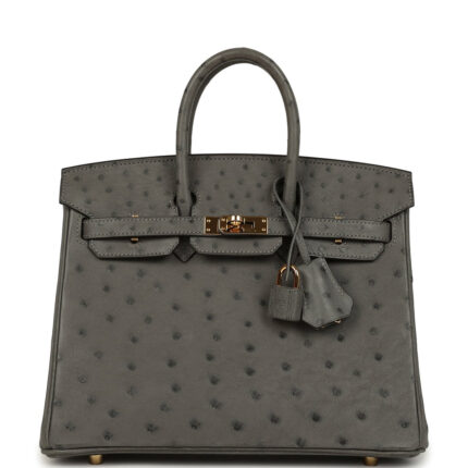 Pre-owned Hermès Birkin 25 Gris Meyer Ostrich Gold Hardware