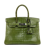 Pre-owned Hermès Birkin 30 Vert Pelouse Shiny Porosus Crocodile Palladium Hardware