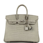 Pre-owned Hermès Special Order (HSS) Birkin 25 Gris Perle Matte Verso Alligator Brushed Palladium Hardware