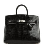 Pre-owned Hermès Birkin Sellier 25 Sellier Black Shiny Porosus Crocodile Palladium Hardware