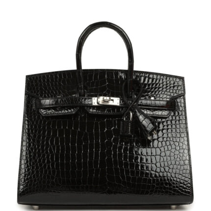 Pre-owned Hermès Birkin Sellier 25 Sellier Black Shiny Porosus Crocodile Palladium Hardware