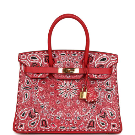 Custom "Paisley Bandana" Swarovski Crystal Hermès Birkin 30 Rouge Casaque Epsom Gold Hardware