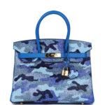 Custom Camouflage Swarovski Crystal Hermès Birkin 30 Bleu Hydra Chevre Gold Hardware