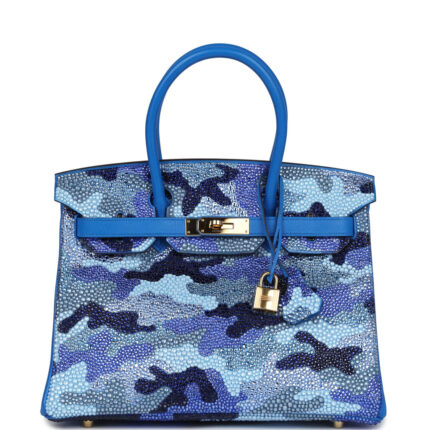 Custom Camouflage Swarovski Crystal Hermès Birkin 30 Bleu Hydra Chevre Gold Hardware