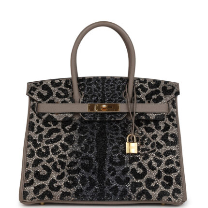 Custom Leopard Swarovski Crystal Hermès Birkin 30 Gris Asphalte Togo Gold Hardware