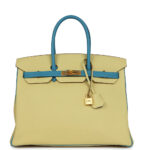 Pre-owned Hermès Special Order (HSS) Birkin 35 Jaune Poussin and Bleu Paradise Togo Brushed Gold Hardware