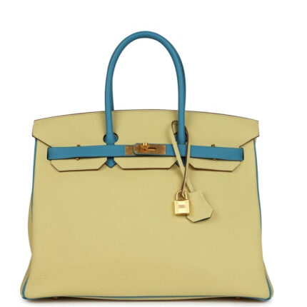 Pre-owned Hermès Special Order (HSS) Birkin 35 Jaune Poussin and Bleu Paradise Togo Brushed Gold Hardware