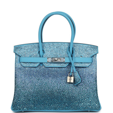 Custom Ombre Swarovski Crystal Hermès Birkin 30 Bleu Du Nord Clemence Palladium Hardware
