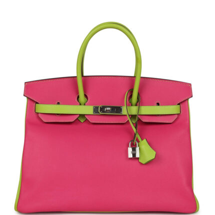 Pre-owned Hermès Special Order (HSS) Birkin 35 Rose Tyrien and Kiwi Epsom Palladium Hardware