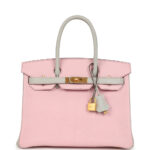 Pre-owned Hermès Special Order (HSS) Birkin 30 Rose Sakura and Gris Perle Chevre Brushed Gold Hardware