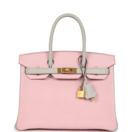 Pre-owned Hermès Special Order (HSS) Birkin 30 Rose Sakura and Gris Perle Chevre Brushed Gold Hardware