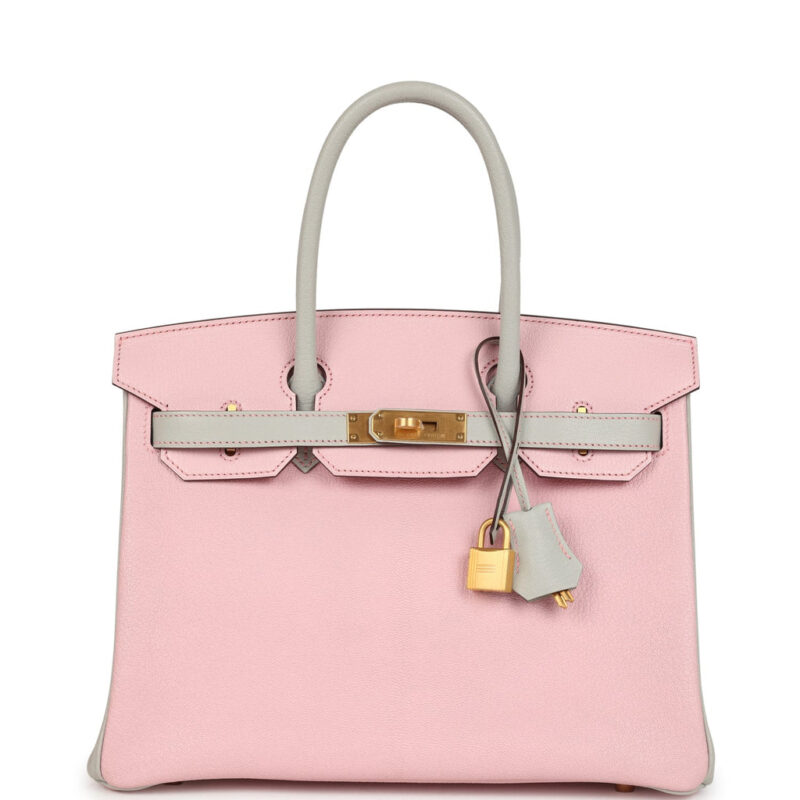 Pre-owned Hermès Special Order (HSS) Birkin 30 Rose Sakura and Gris Perle Chevre Brushed Gold Hardware
