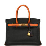 Pre-owned Hermès Special Order (HSS) Birkin 30 Black and Orange Chevre Brushed Gold Hardware