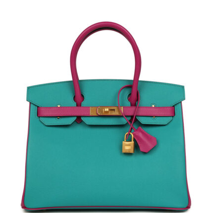Hermès Special Order (HSS) Birkin 30 Bleu Paon and Rose Poupre Brushed Gold Hardware
