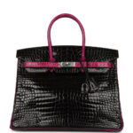 Pre-owned Hermès Special Order (HSS) Birkin 35 Rose Pourpre and Black Shiny Porosus Crocodile Palladium Hardware
