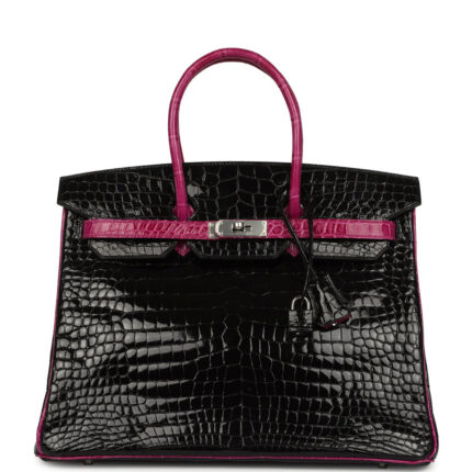 Pre-owned Hermès Special Order (HSS) Birkin 35 Rose Pourpre and Black Shiny Porosus Crocodile Palladium Hardware