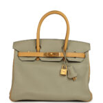 Pre-owned Hermès Special Order (HSS) Birkin 30 Gris Tourterelle and Paille Swift Brushed Gold Hardware